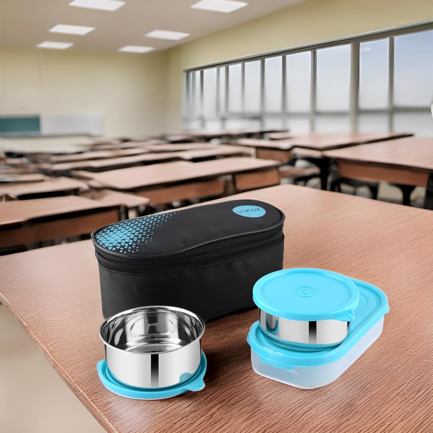 uninox Sabke Liye Stainless Steel Lunch Box with 2 Leak-Proof Containers, 1 Plastic Chapati Tray & Fabric Carry Bag | Office, School & Travel Tiffin | BPA-Free & Durable | Multipurpose | Blue