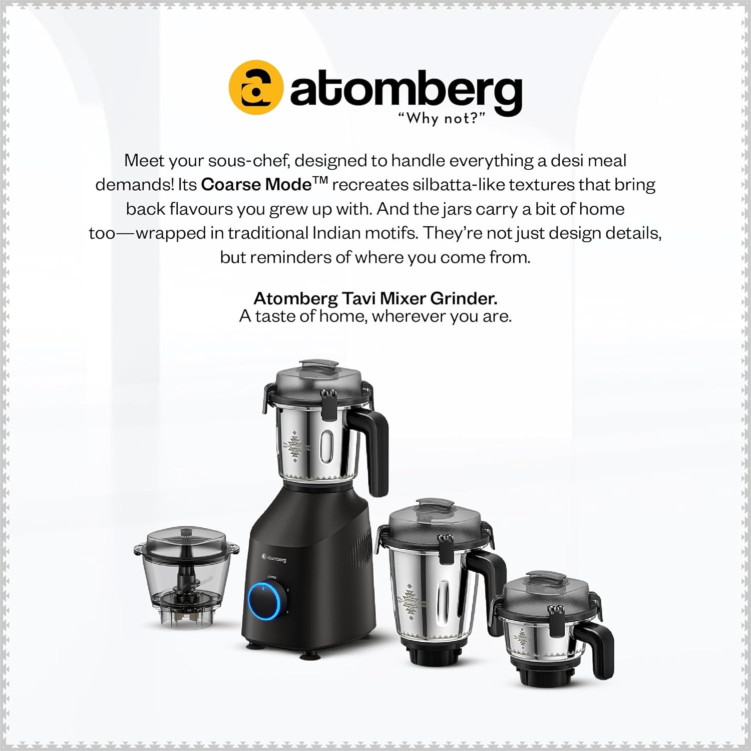 Atomberg Tavi Mixer Grinder | 𝟏𝟏𝟎𝐕 𝐎𝐧𝐥𝐲 𝐟𝐨𝐫 𝐔𝐒 &amp; 𝐂𝐚𝐧𝐚𝐝𝐚 | Unique Coarse Mode for Silbatta-Like Texture Intelligent 600W Motor | 4 Jars Including Chopper Jar | Matte Black/Sand Grey
