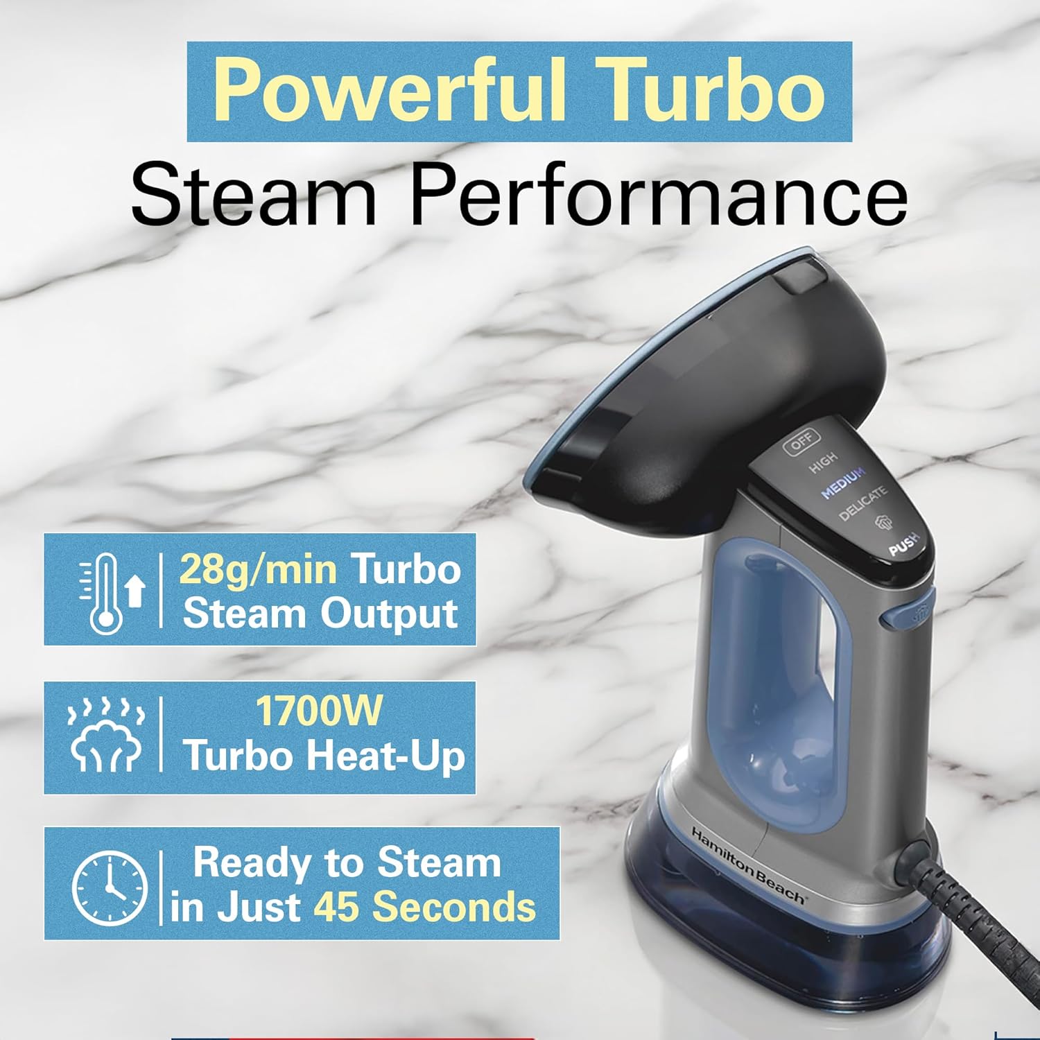 Hamilton Beach Patented Durathon 3-in-1 Garment Steamer, 10 year Soleplate warranty, Garment Steamer for Clothes, Steam Iron & Dry Iron for Clothes, One-Touch High/Medium/Delicate, Auto Shut off