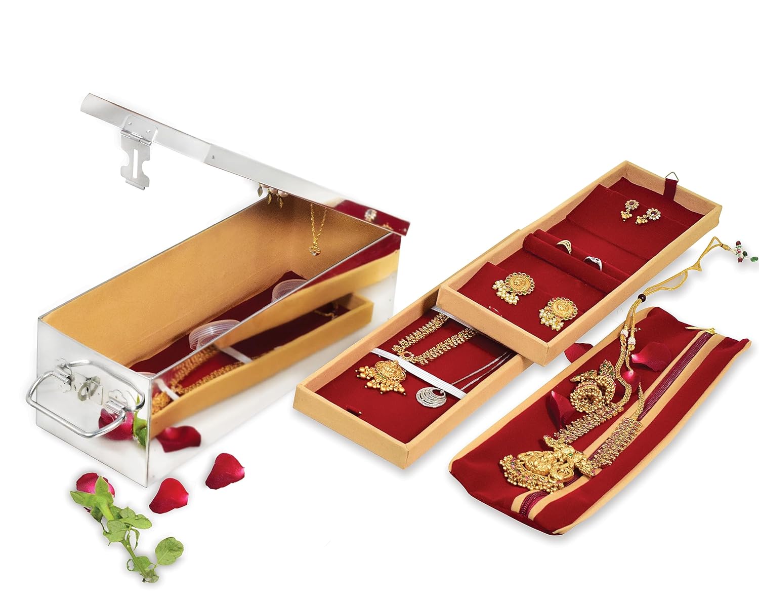 LIME Stainless Steel Large Traditional Jewellery Box for Locker Comes with 2 Velvet Trays,3 Fixed Plastic Boxes for Small Ornaments & Bangles,1 Velvet Pouch for Organizing & Safeguarding Jewellery