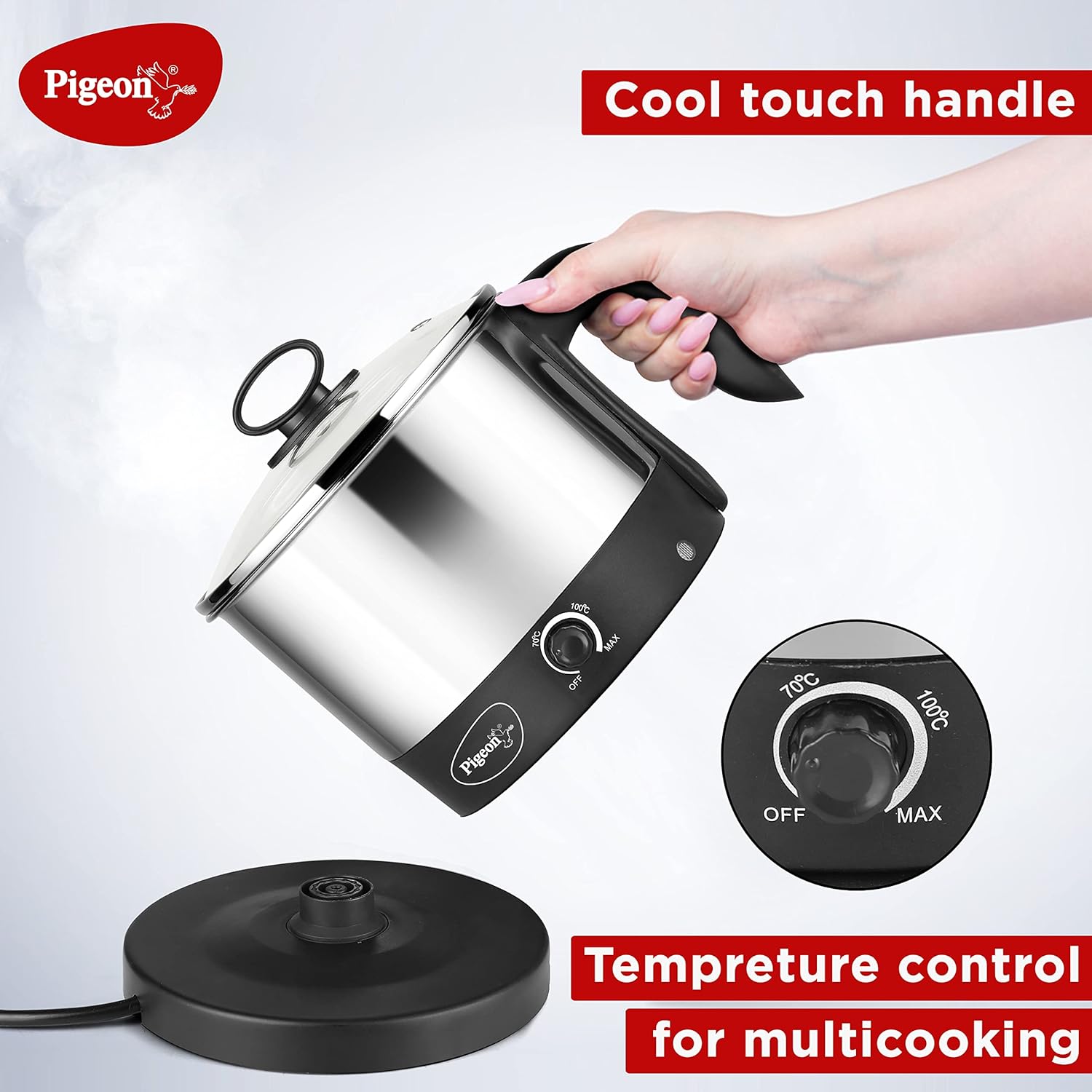 Pigeon Kessel Multipurpose Electric Kettle (12173) 1.2 litres with Stainless Steel Body, used for boiling Water and milk, Tea, Coffee, Oats, Noodles, Soup etc. 600 Watt (Black &amp; Silver)