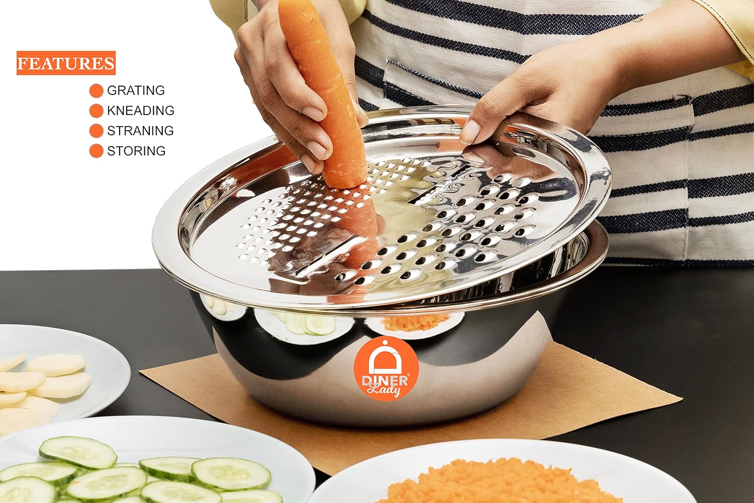 Stainless Steel Java multiutility Set, 4 Pieces for Grating Chopping Straining and Storing, 2000ml Storing Capacity with Twin Slice Blades and Dual Grating Option. The Ultimate PREP Tool.