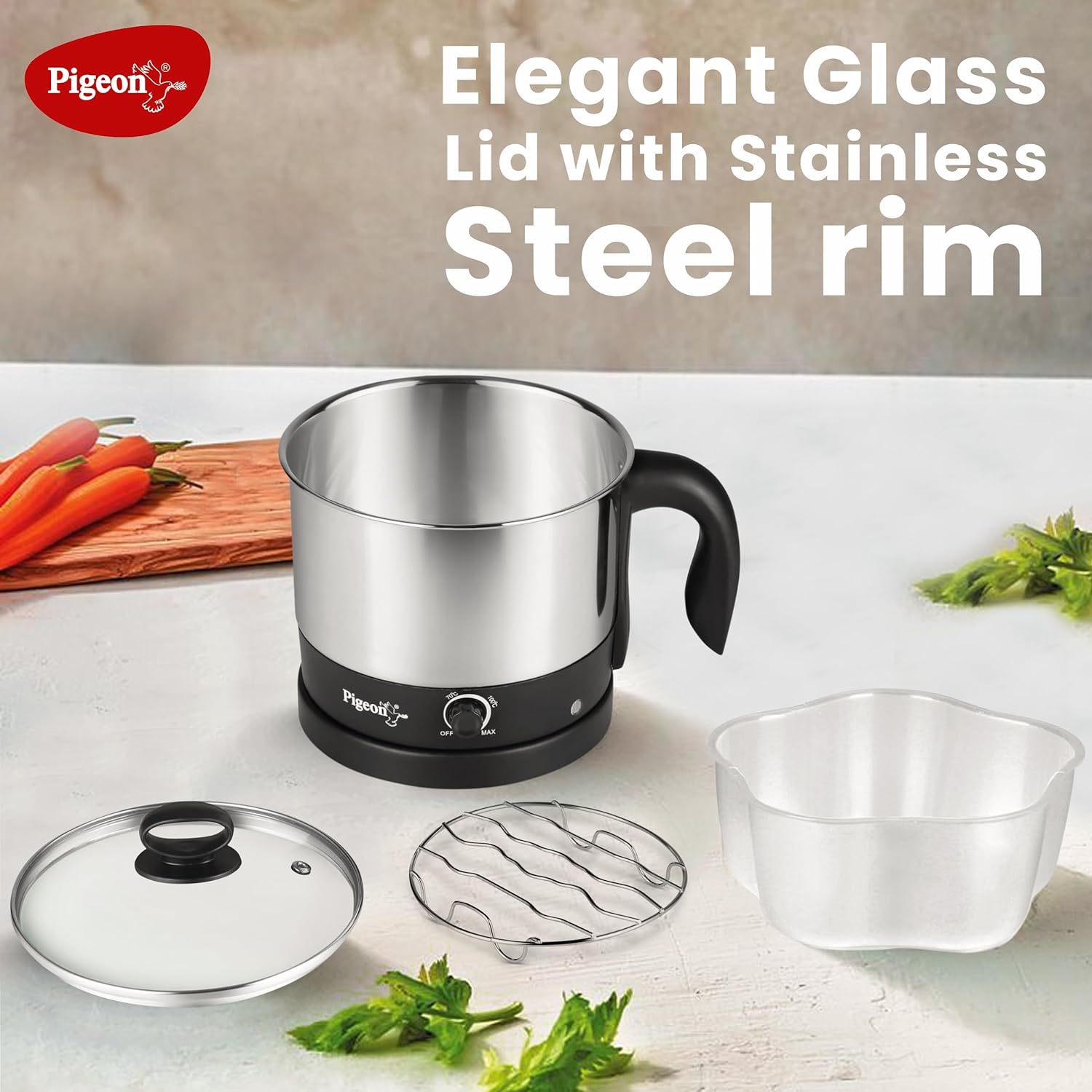 Pigeon 1.5 Liters Multipurpose Electric Kessel 3 in 1 Value Pack, Multi Cooker, Idli Stand with 3 Plates, Steamer With Stainless Steel Stand (Black &amp; silver)