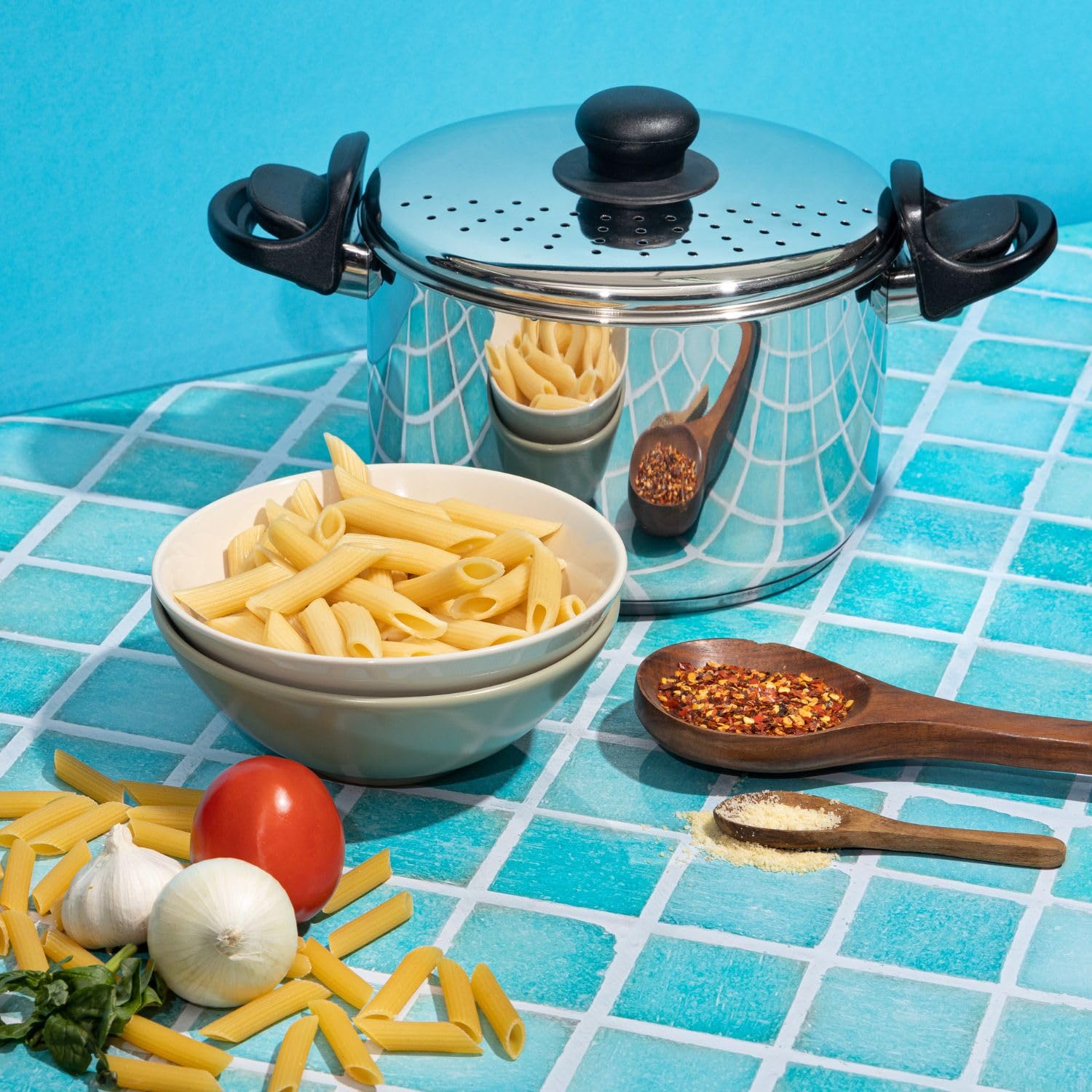 LIME AVATAR Stainless Steel Rice Pot with Strainer Lid - 3.7 L, 20cm | Noodles  Pasta Steamer, Rice Maker Cooker  Veggies Boiler with Locking Handles, 3-Layer SAS Induction Bottom,