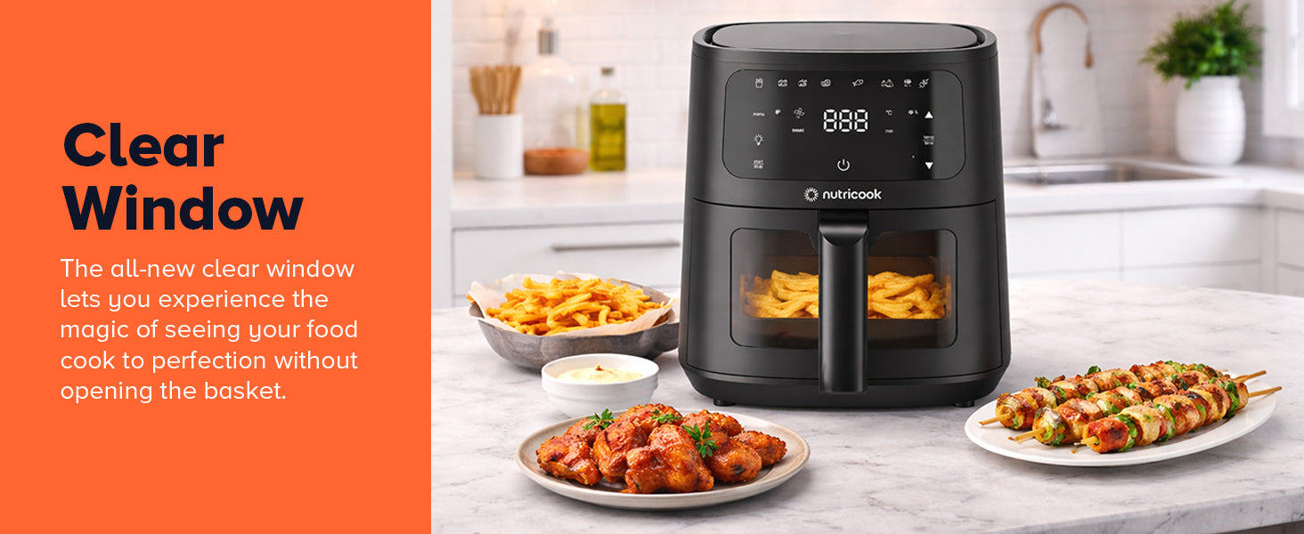Nutricook 4.5L Air Fryer Essential, 2026 New Launch, 100% Toxin-Free Ceramic Coating - No PTFE, PFAS, PFOA or Microplastics, Clear Window, 1300W, 6 Cooking Programs, 2-Year Warranty
