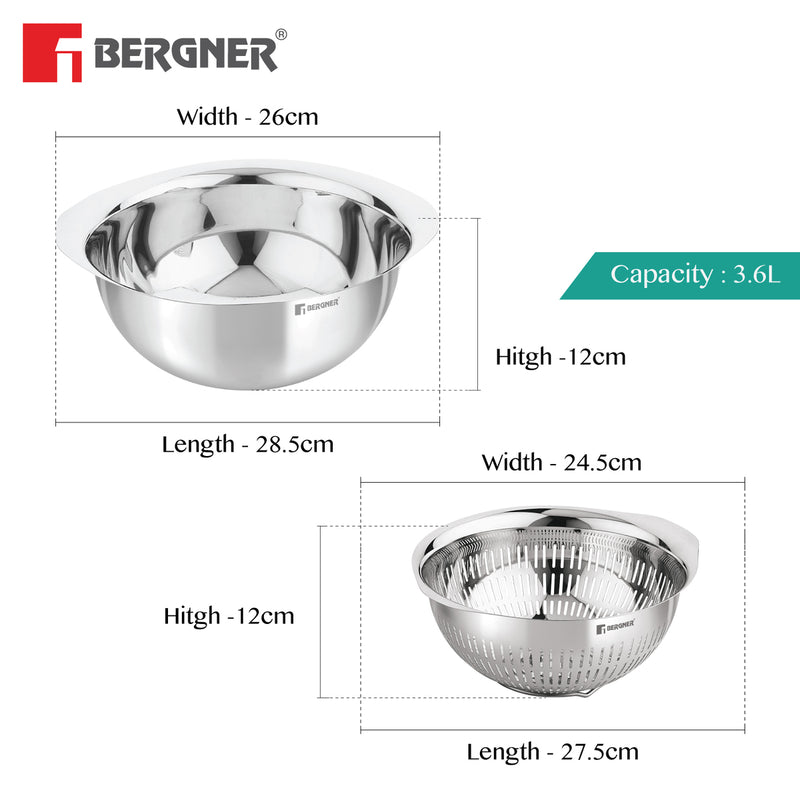 Bergner Stainless Steel Uni Colander and Mixing Bowl, 2 in 1 Stainless Steel 26 cm (3.6 Liters) Mixing Bowl and Colander