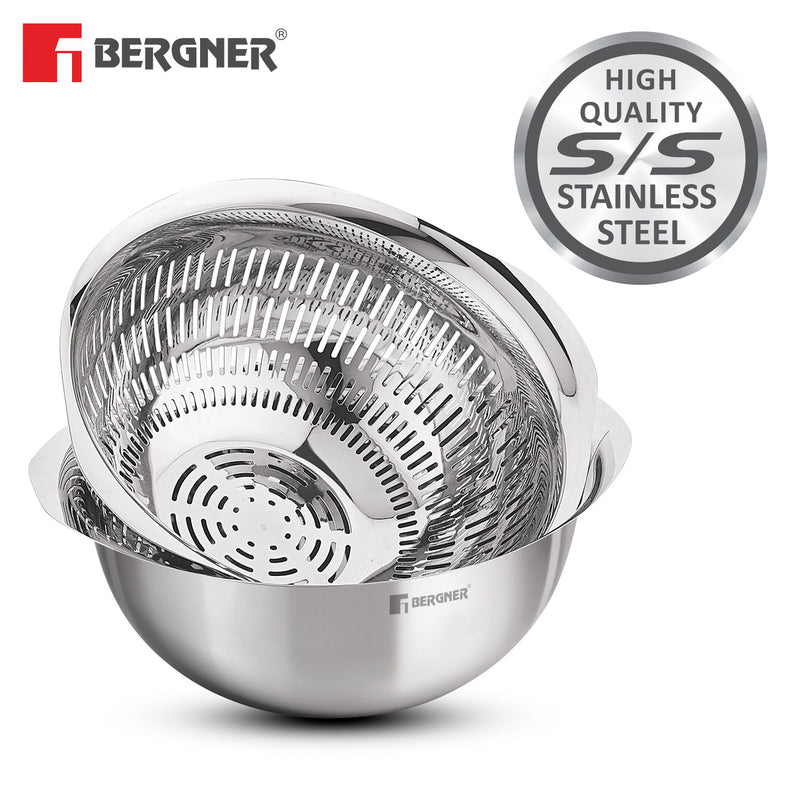 Bergner Stainless Steel Uni Colander and Mixing Bowl, 2 in 1 Stainless Steel 26 cm (3.6 Liters) Mixing Bowl and Colander