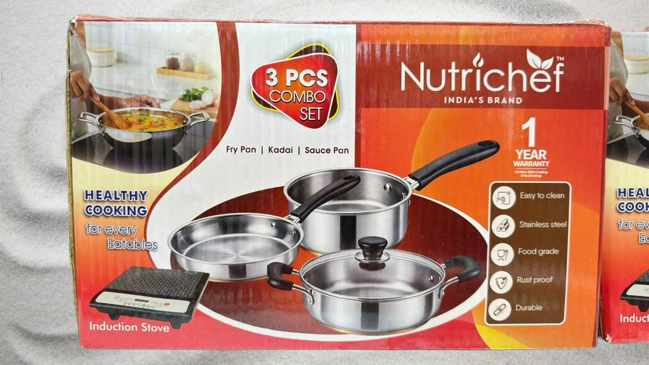 NUTRICHEF INDUCTION (1800 WATTS) KITCHEN COMBO SET (STAINLESS STEEL FRY PAN/KADAI/SAUCE PAN) SET OF 3