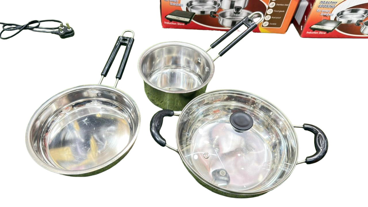 NUTRICHEF INDUCTION (1800 WATTS) KITCHEN COMBO SET (STAINLESS STEEL FRY PAN/KADAI/SAUCE PAN) SET OF 3