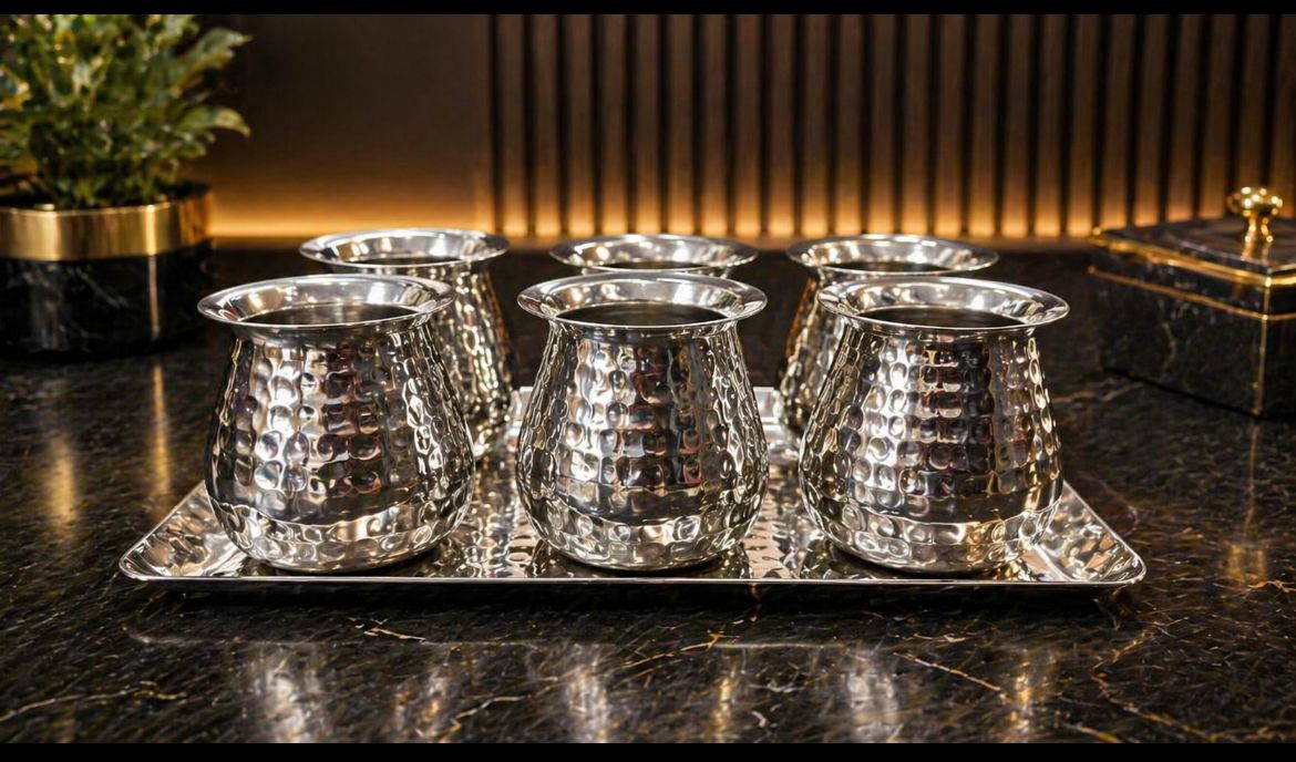 Lime ss Hammered lota with tray (6 Lota with tray ) color option (silver/ gold/Rose gold )