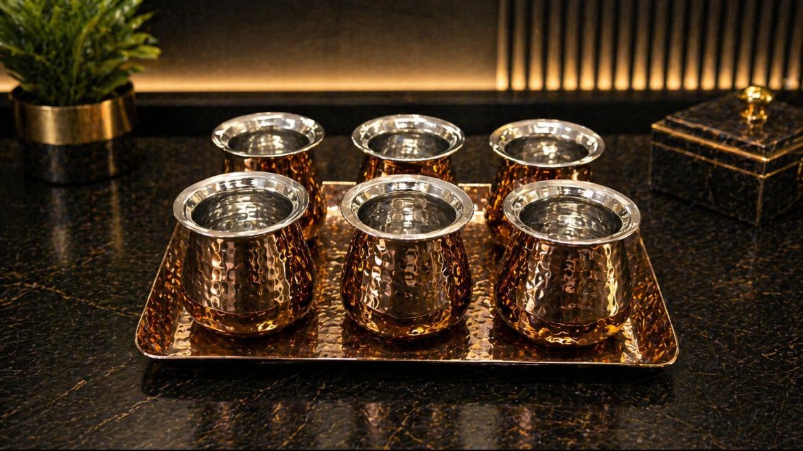 Lime ss Hammered lota with tray (6 Lota with tray ) color option (silver/ gold/Rose gold )