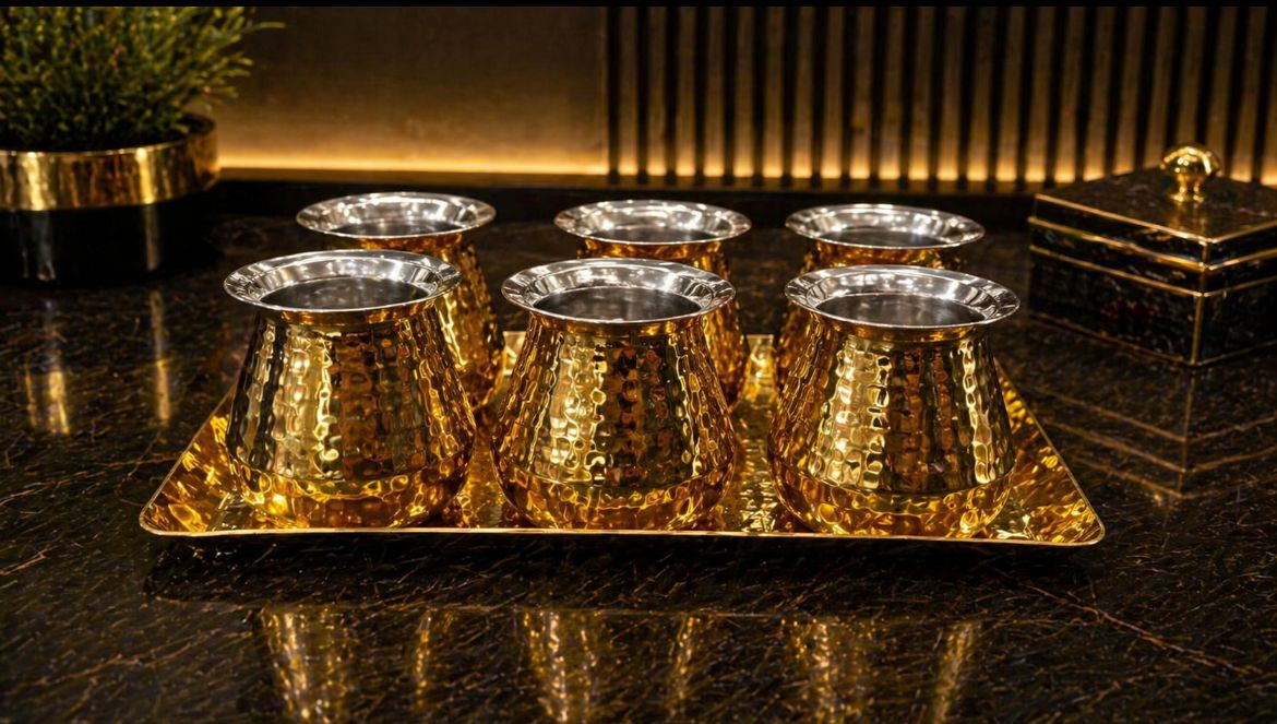 Lime ss Hammered lota with tray (6 Lota with tray ) color option (silver/ gold/Rose gold )