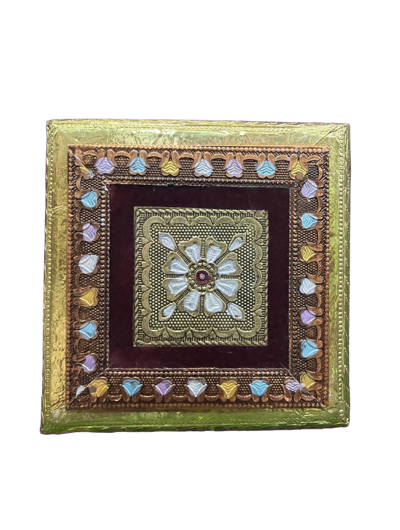 LIME Wooden Meenakari Puja Chowki Bajot - Single Piece | Velvet Sides, Golden Embossed Design | Pooja Chowki for Mandir, Home &amp; Festival Decoration (Available in 6 Sizes)