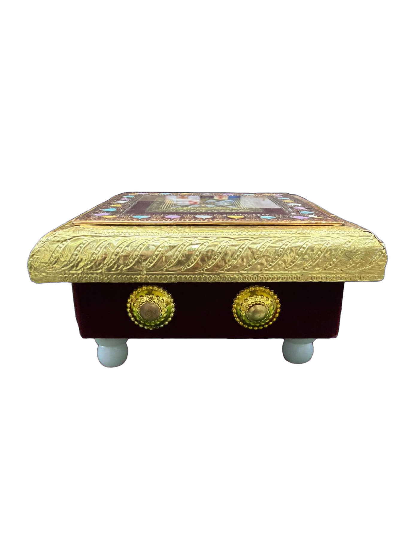 LIME Wooden Meenakari Puja Chowki Bajot - Single Piece | Velvet Sides, Golden Embossed Design | Pooja Chowki for Mandir, Home &amp; Festival Decoration (Available in 6 Sizes)
