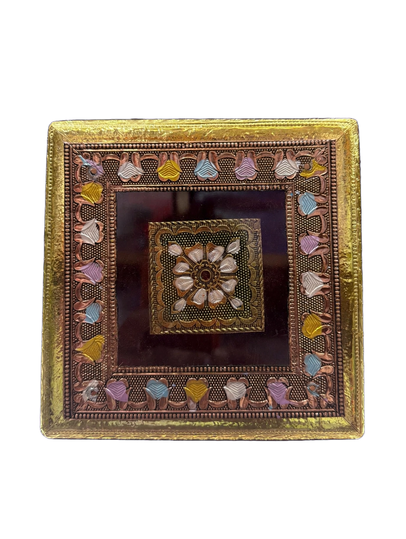 LIME Wooden Meenakari Puja Chowki Bajot - Single Piece | Velvet Sides, Golden Embossed Design | Pooja Chowki for Mandir, Home &amp; Festival Decoration (Available in 6 Sizes)