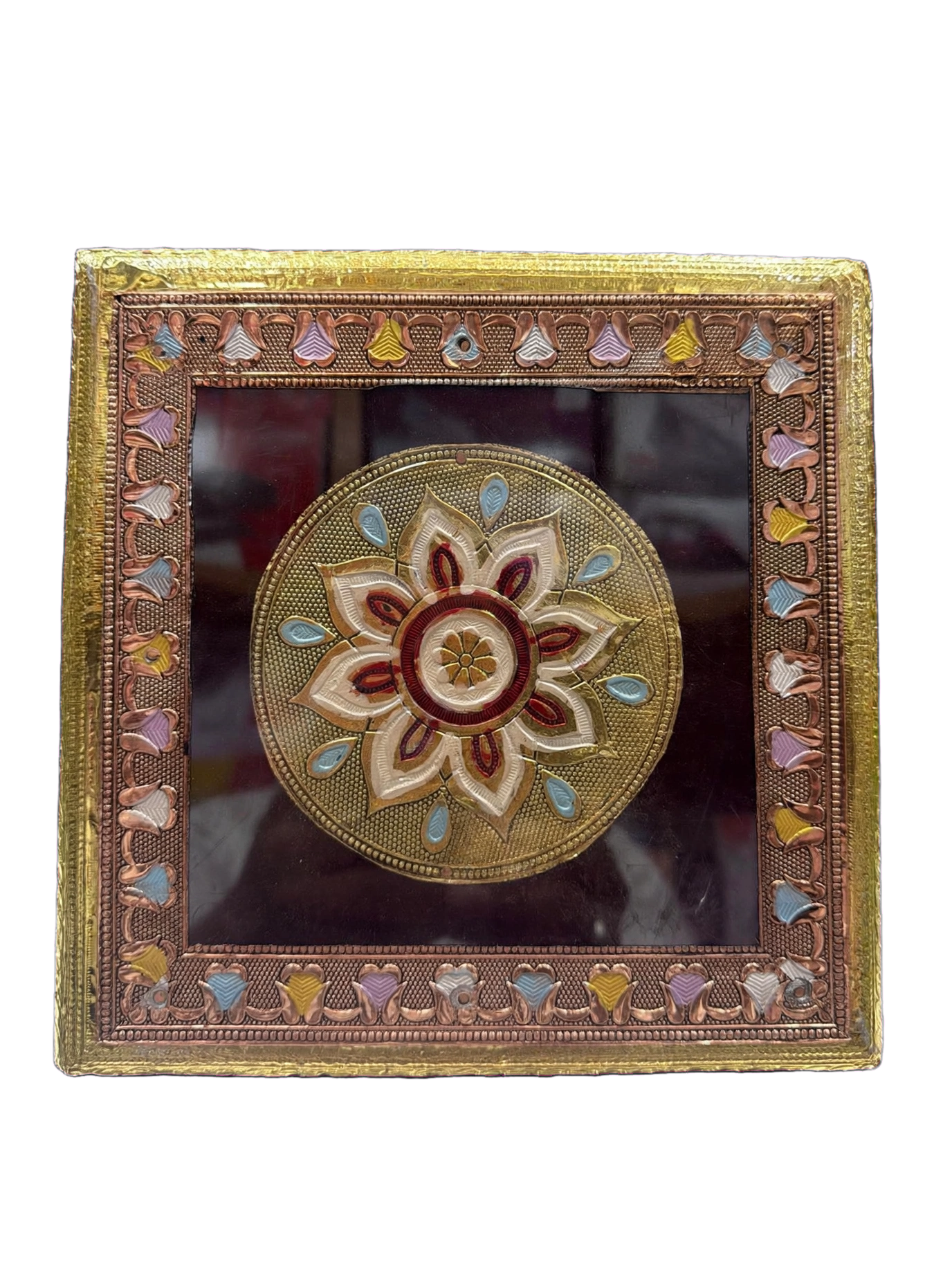 LIME Wooden Meenakari Puja Chowki Bajot - Single Piece | Velvet Sides, Golden Embossed Design | Pooja Chowki for Mandir, Home &amp; Festival Decoration (Available in 6 Sizes)