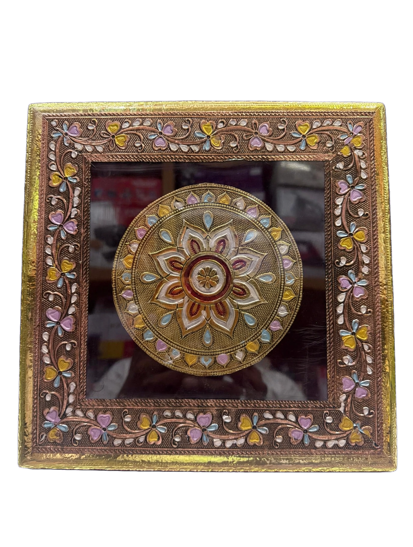 LIME Wooden Meenakari Puja Chowki Bajot - Single Piece | Velvet Sides, Golden Embossed Design | Pooja Chowki for Mandir, Home &amp; Festival Decoration (Available in 6 Sizes)