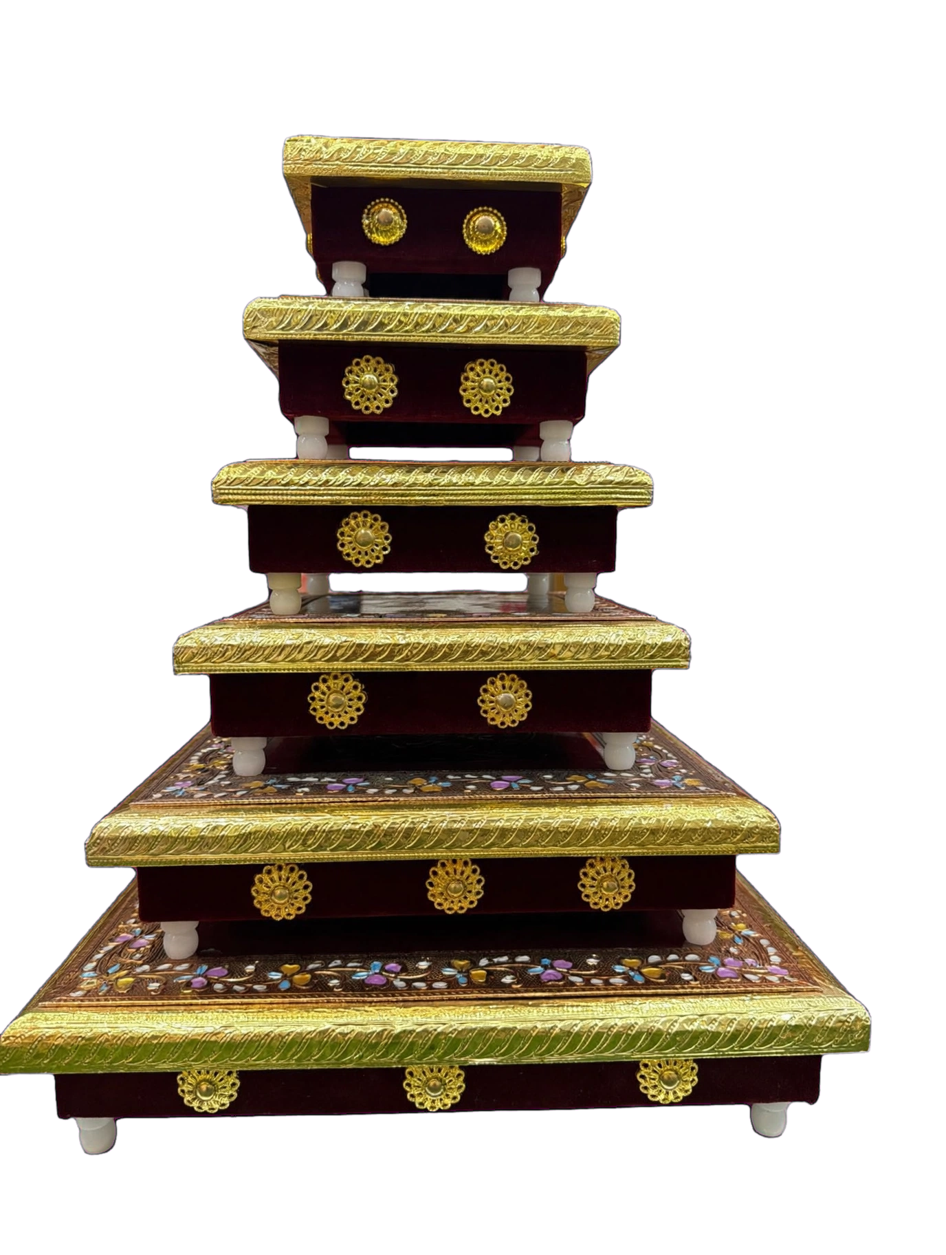 LIME Wooden Meenakari Puja Chowki Bajot - Single Piece | Velvet Sides, Golden Embossed Design | Pooja Chowki for Mandir, Home &amp; Festival Decoration (Available in 6 Sizes)