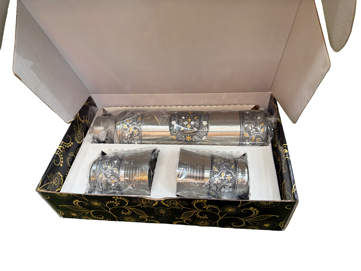 LIME Oxidized Stainless Steel Water Bottle with 2 Matching Glasses Set, 1000ml Bottle &amp; 250ml Glasses, Intricate Floral Design, Gifting Set, Rust-Proof, Leak-Proof. (1000 ML Set)
