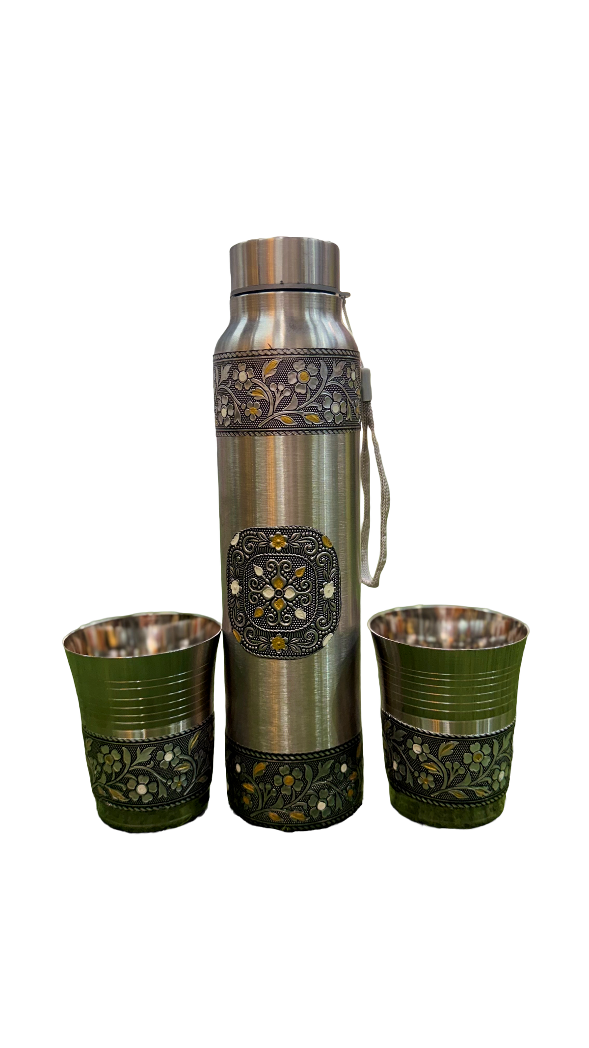 LIME Oxidized Stainless Steel Water Bottle with 2 Matching Glasses Set, 1000ml Bottle &amp; 250ml Glasses, Intricate Floral Design, Gifting Set, Rust-Proof, Leak-Proof. (1000 ML Set)