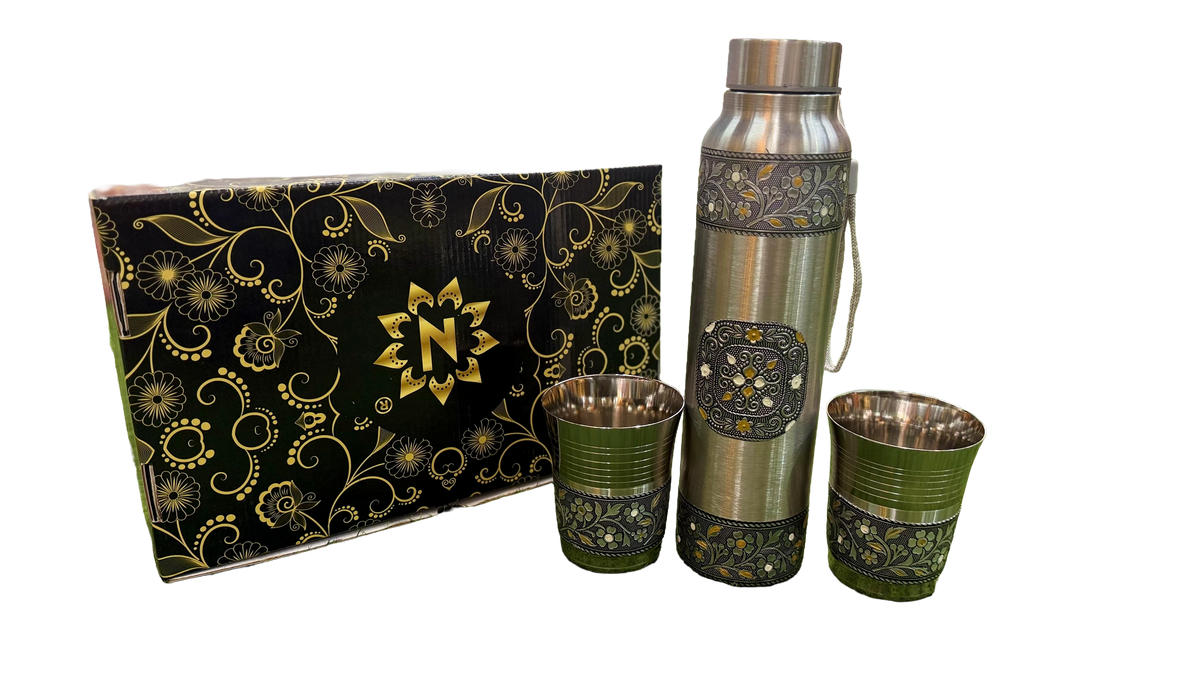 LIME Oxidized Stainless Steel Water Bottle with 2 Matching Glasses Set, 1000ml Bottle &amp; 250ml Glasses, Intricate Floral Design, Gifting Set, Rust-Proof, Leak-Proof. (1000 ML Set)