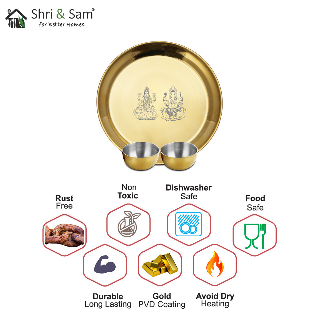 Stainless Steel Pooja Thali Set with Gold PVD Coating Lakshmi & Ganesh