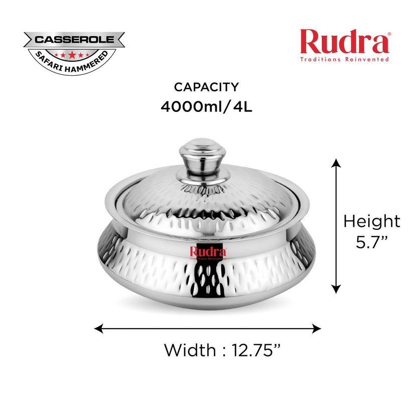 RUDRA Safari Hammered Double Walled Stainless Steel Casserole, | PU Insulated | Hot &Cold | Hygiene | Odourless|Easy to Carry