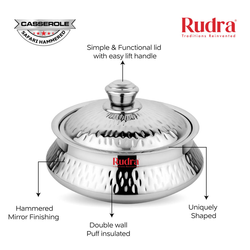 RUDRA Safari Hammered Double Walled Stainless Steel Casserole, | PU Insulated | Hot &Cold | Hygiene | Odourless|Easy to Carry