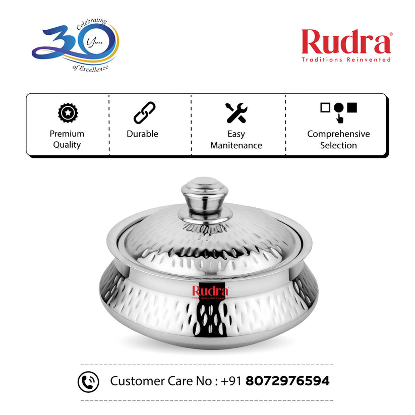 RUDRA Safari Hammered Double Walled Stainless Steel Casserole, | PU Insulated | Hot &Cold | Hygiene | Odourless|Easy to Carry