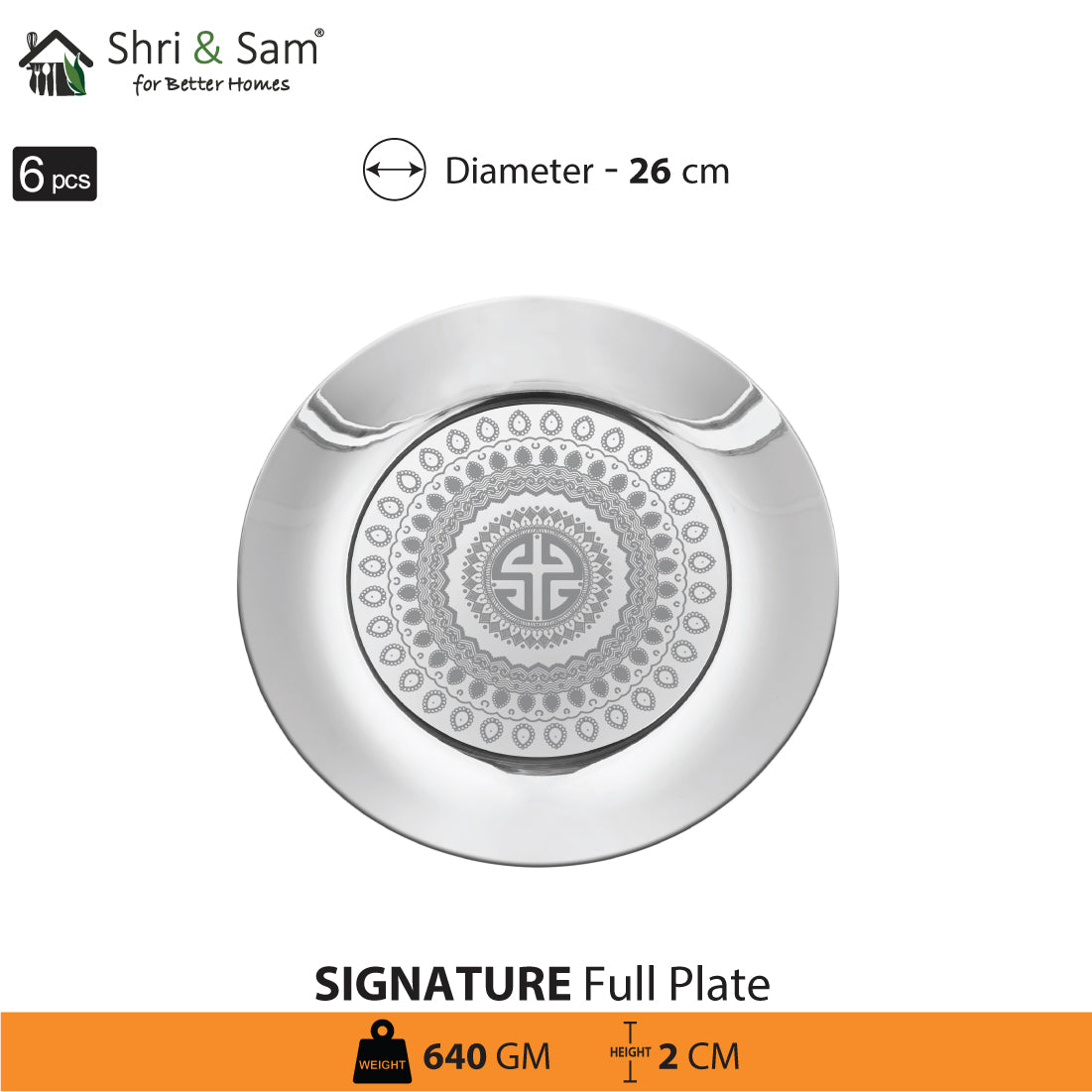 Stainless Steel 6 PCS Full Plate with Laser Signature - Shiny