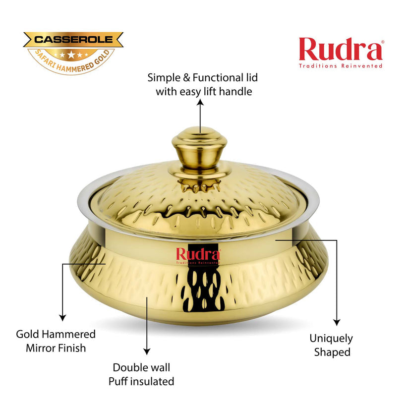 RUDRA Safari Hammered Gold Double Walled Stainless Steel Casserole, | PU Insulated | Hot &Cold | Hygiene | Odourless|Easy to Carry