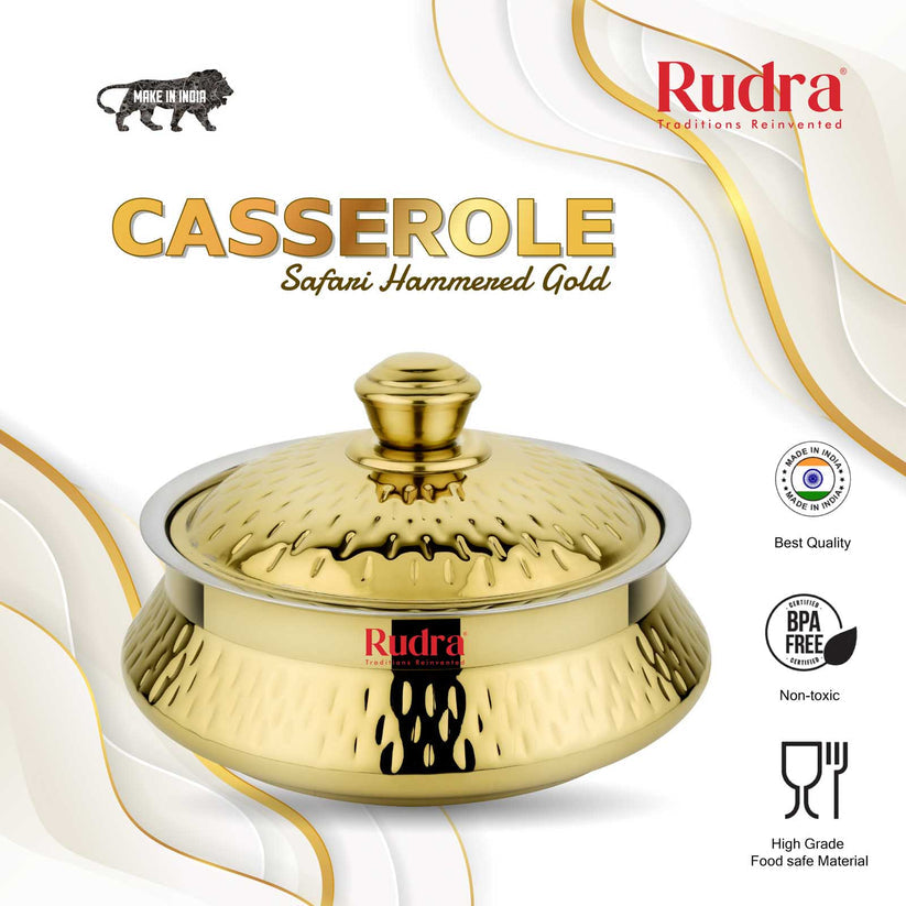 RUDRA Safari Hammered Gold Double Walled Stainless Steel Casserole, | PU Insulated | Hot &Cold | Hygiene | Odourless|Easy to Carry