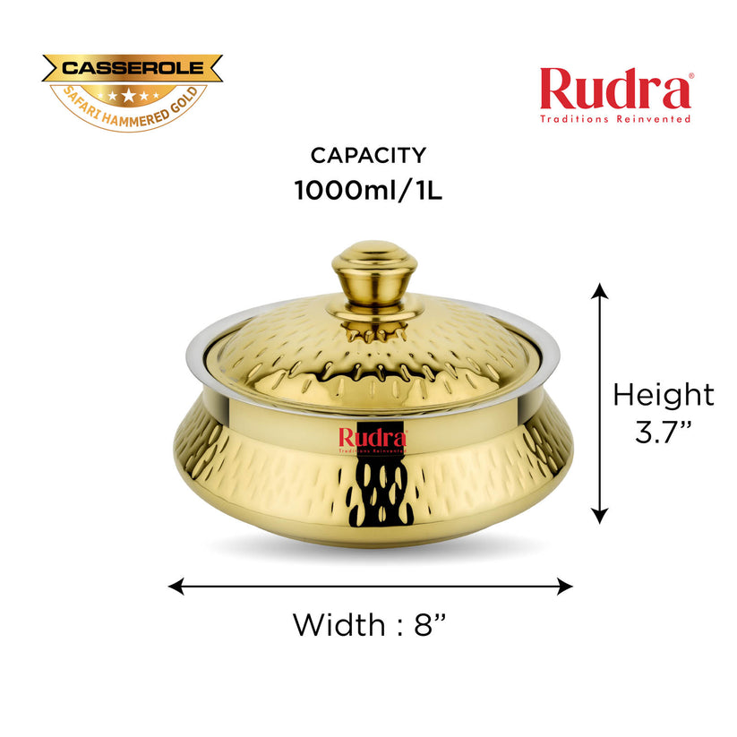 RUDRA Safari Hammered Gold Double Walled Stainless Steel Casserole, | PU Insulated | Hot &Cold | Hygiene | Odourless|Easy to Carry