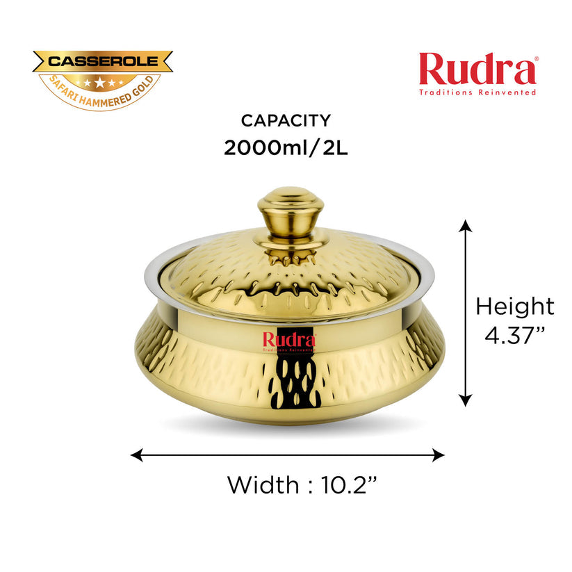 RUDRA Safari Hammered Gold Double Walled Stainless Steel Casserole, | PU Insulated | Hot &Cold | Hygiene | Odourless|Easy to Carry
