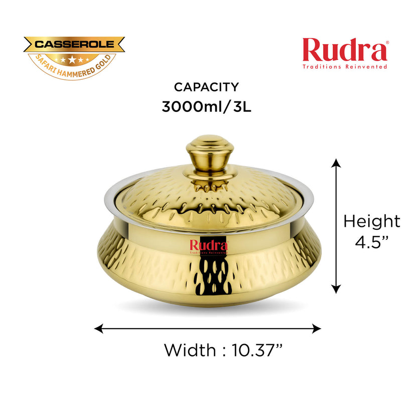 RUDRA Safari Hammered Gold Double Walled Stainless Steel Casserole, | PU Insulated | Hot &Cold | Hygiene | Odourless|Easy to Carry