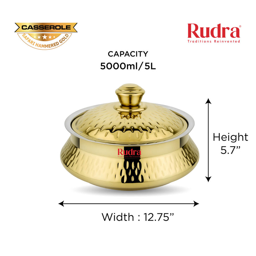 RUDRA Safari Hammered Gold Double Walled Stainless Steel Casserole, | PU Insulated | Hot &Cold | Hygiene | Odourless|Easy to Carry