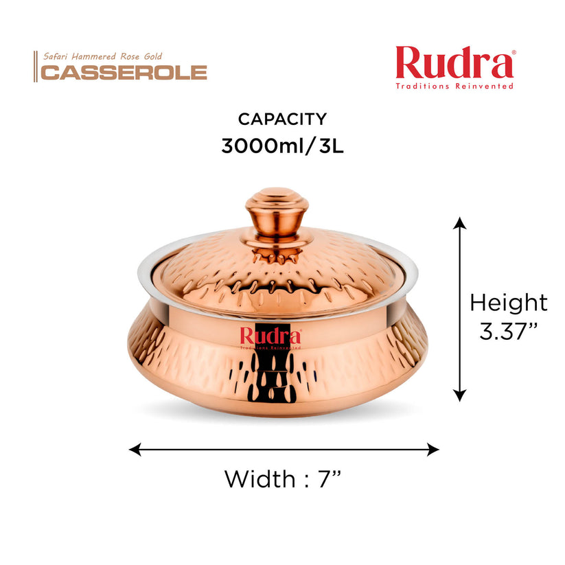 RUDRA Safari Hammered Rose Gold Double Walled Stainless Steel Casserole