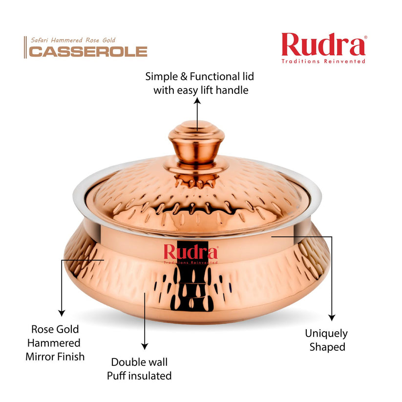 RUDRA Safari Hammered Rose Gold Double Walled Stainless Steel Casserole