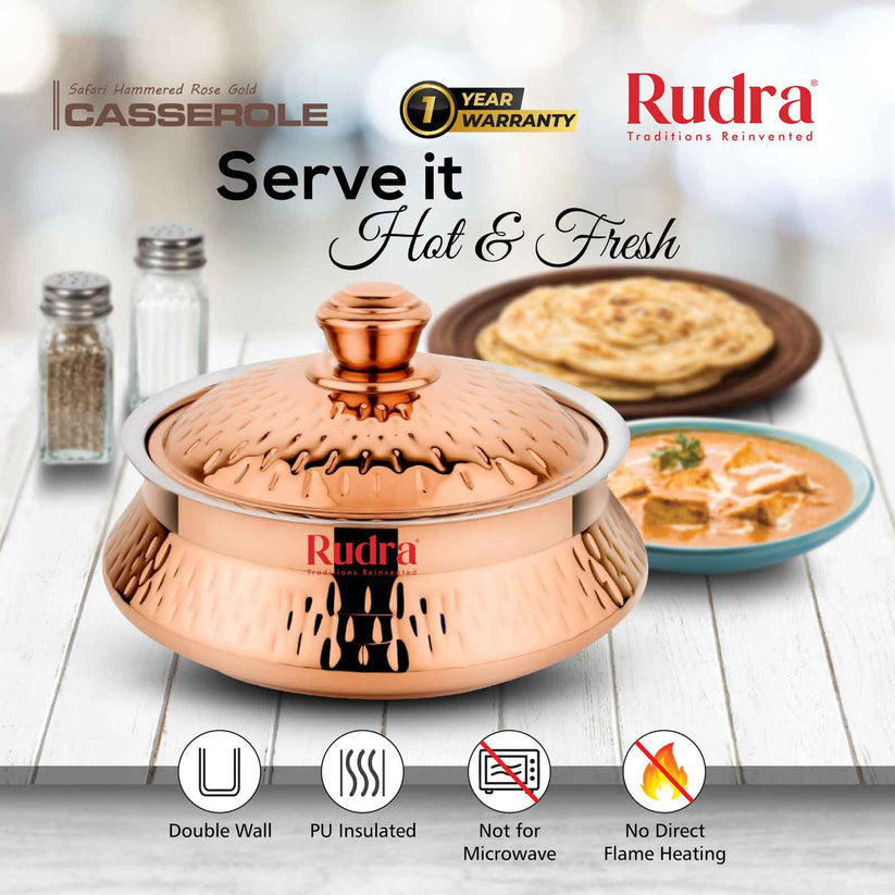RUDRA Safari Hammered Rose Gold Double Walled Stainless Steel Casserole