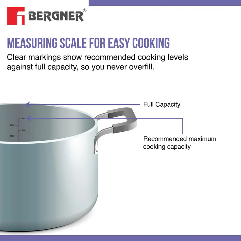 Bergner Hitech Tri-Ply Stainless Steel Non-Stick Cook & Serve 28 cm Pan (5.7 Liters) Cooking Pot with Glass Lid - Induction Bottom