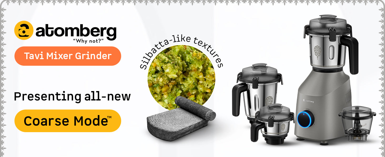 Atomberg Tavi Mixer Grinder | 𝟏𝟏𝟎𝐕 𝐎𝐧𝐥𝐲 𝐟𝐨𝐫 𝐔𝐒 &amp; 𝐂𝐚𝐧𝐚𝐝𝐚 | Unique Coarse Mode for Silbatta-Like Texture Intelligent 600W Motor | 4 Jars Including Chopper Jar | Matte Black/Sand Grey