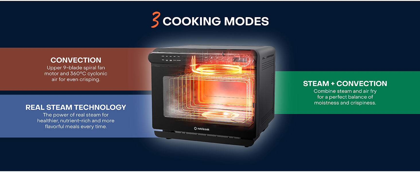 Nutricook Steami X 24L Black (Steam + Air Fryer Oven) with 10-in-1 functions like Steam Cook, Steam Roast, Air Fry, Bake, Sterilize & more. Steam + Convection technology, 2200W power, 2-year warranty