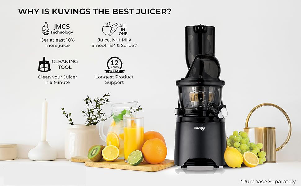 Kuvings EVO810 Black Professional Cold Press Whole Slow Juicer, World's Only Juicer with Patented Rubber & Silicon-Free Technology, 240W Strong Motor, 12 Years Warranty