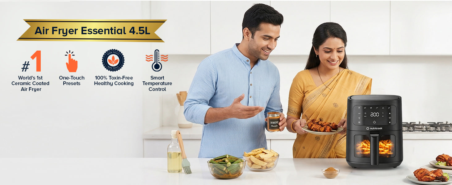 Nutricook 4.5L Air Fryer Essential, 2026 New Launch, 100% Toxin-Free Ceramic Coating - No PTFE, PFAS, PFOA or Microplastics, Clear Window, 1300W, 6 Cooking Programs, 2-Year Warranty
