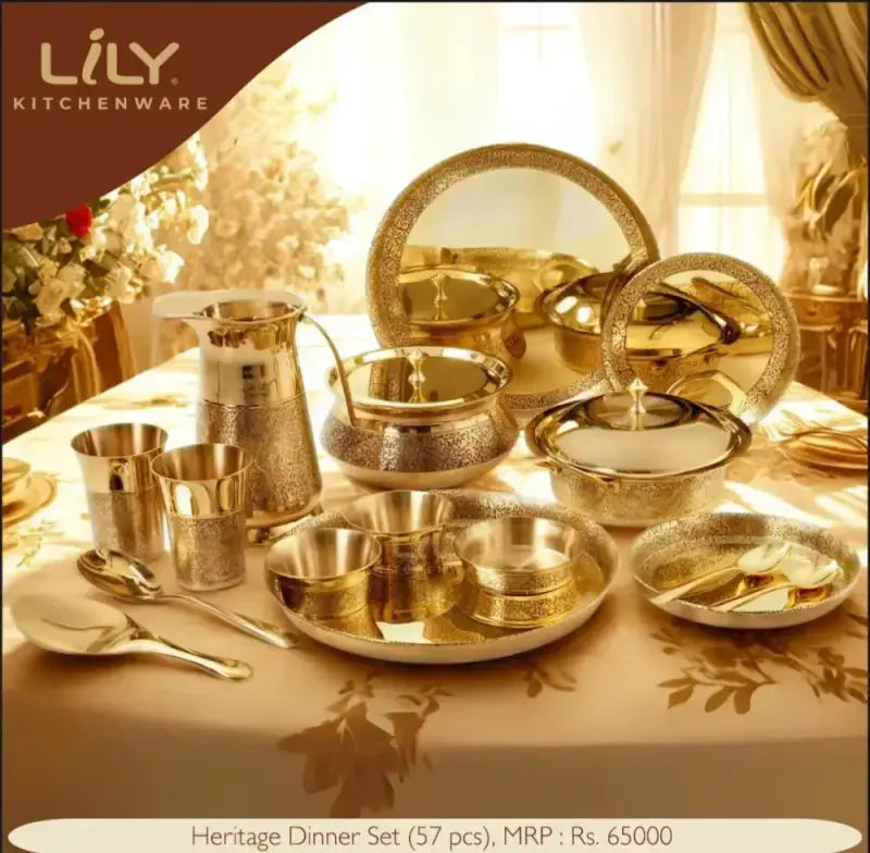 Lime  lily Brass Heritage Dinner set 57 pieces, Pital, Peetal Dinner Set